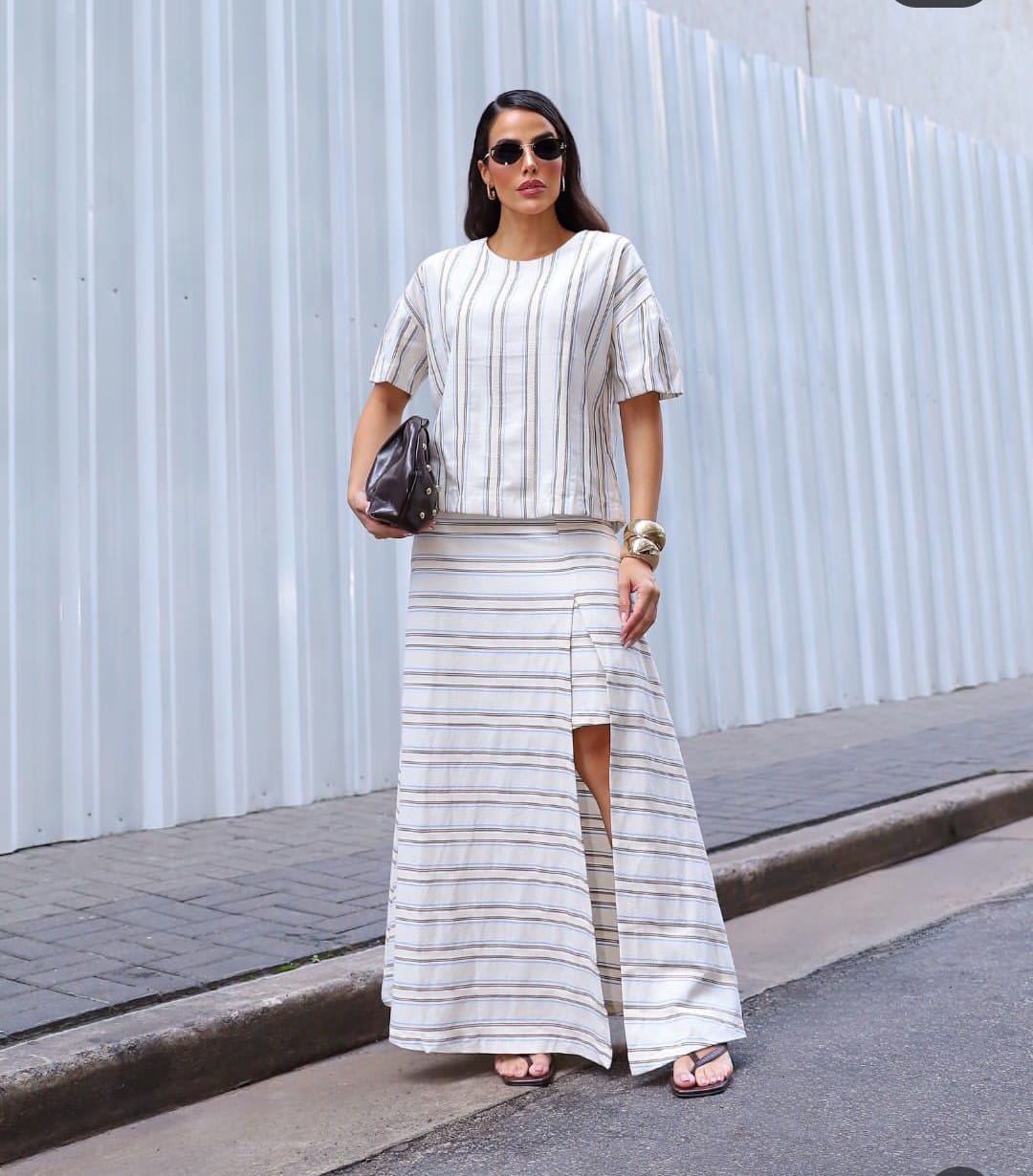 Conjunto Blusa e Saia Longa Linho Listrado P