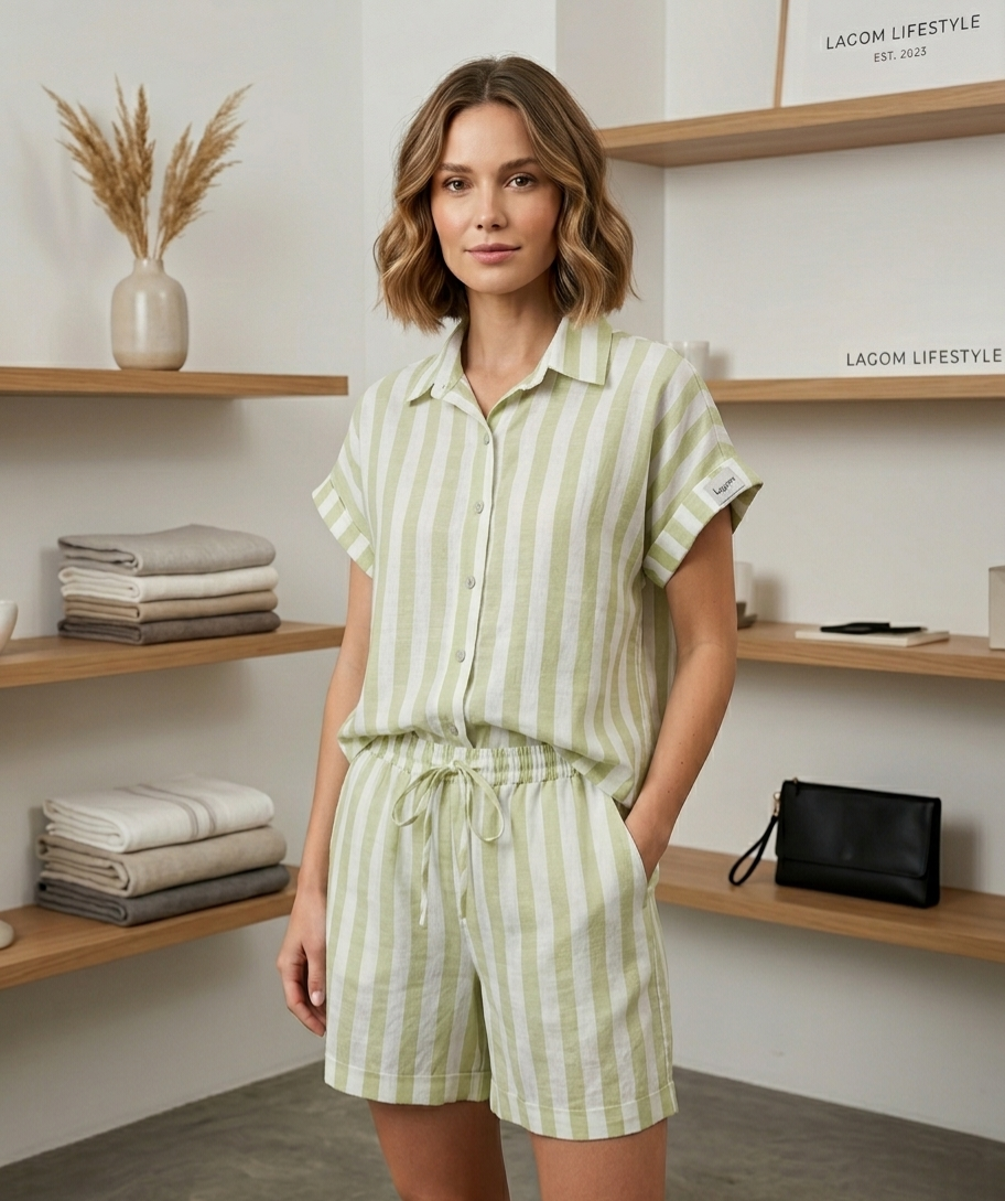 Conjunto Linho Listrado Verde - Camisa e Short [Tamanho M]